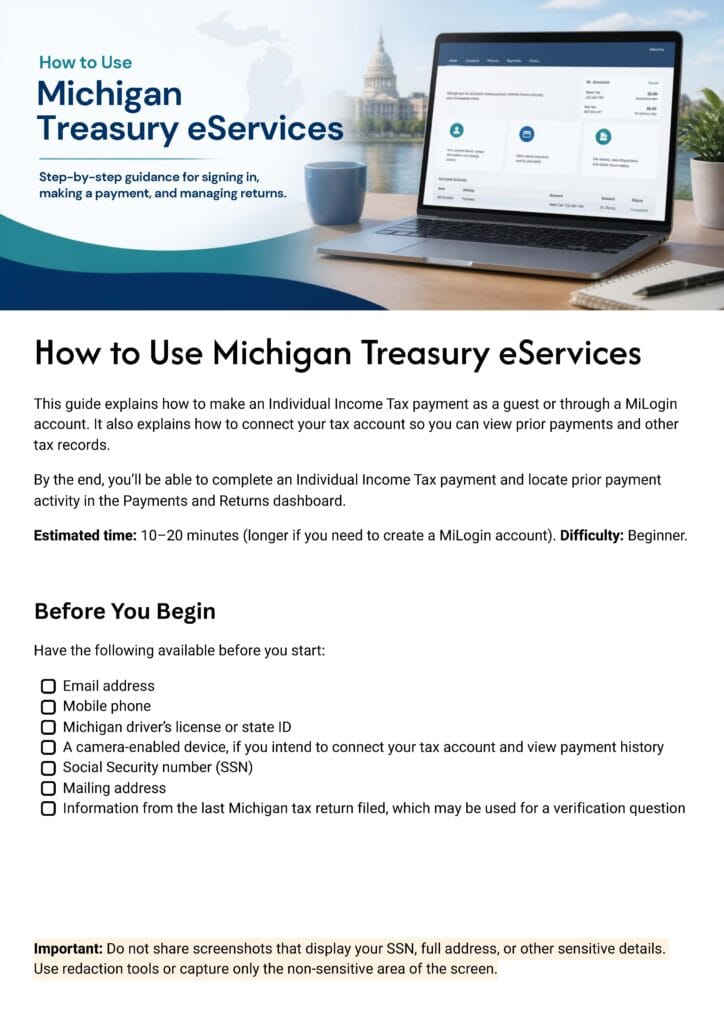 Create a Michigan Treasury eServices Account 1 Create account MI Page 1